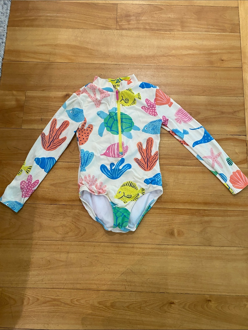 Mini Boden Kids One-Piece Swimsuit – White with Multicolored Sea Life Print